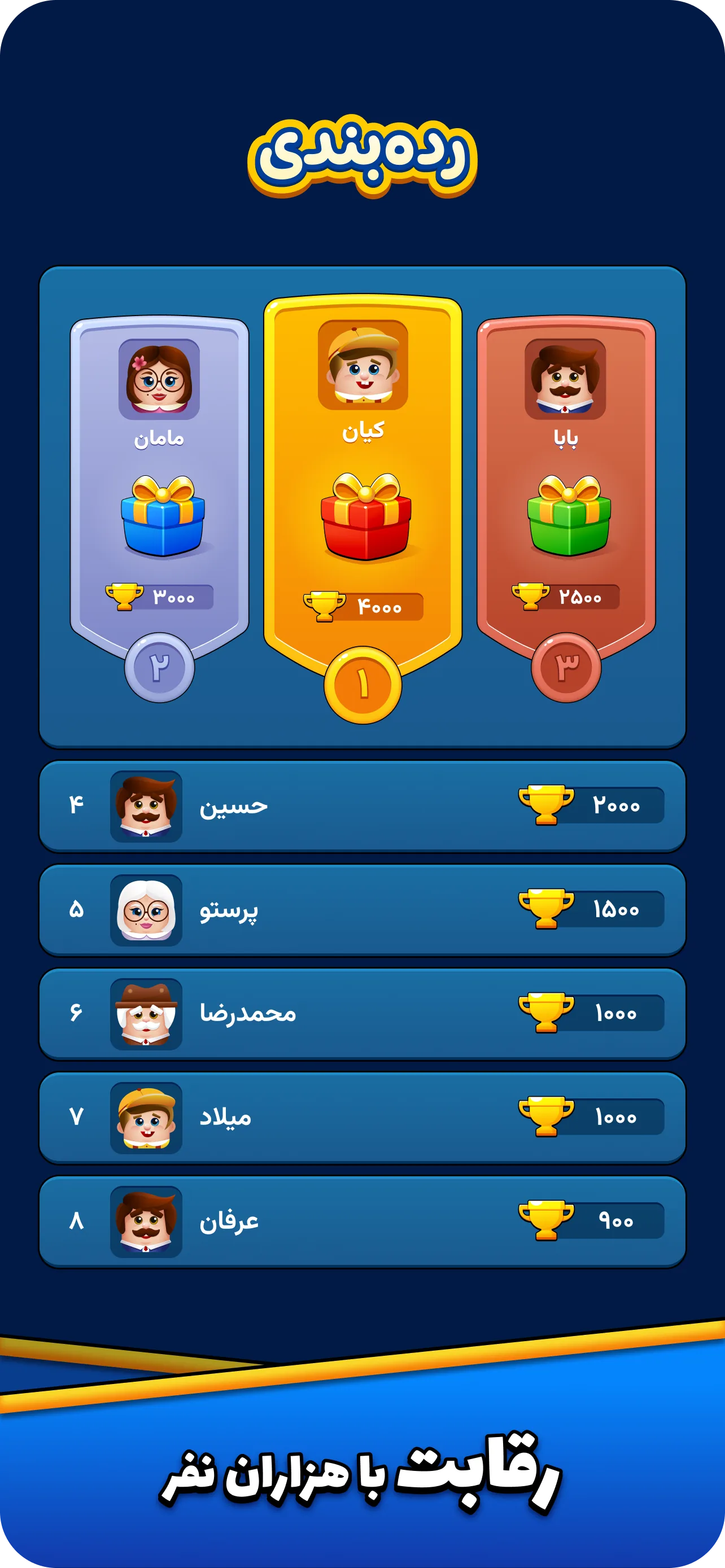 اسکرین‌شات لیدربورد و رقابت با بازیکنان در بازی کلماتیک